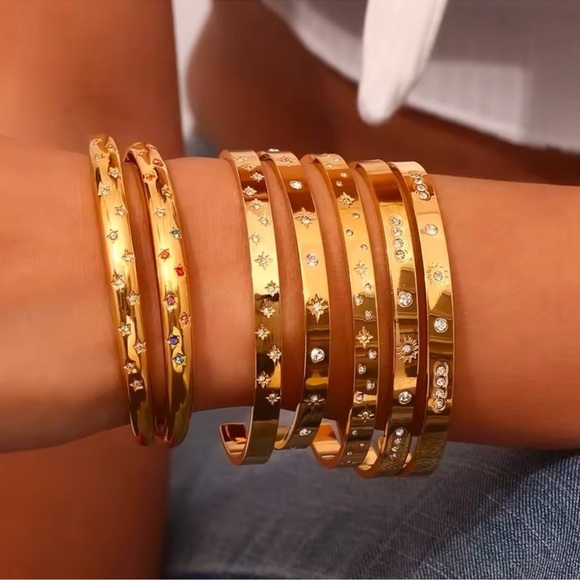 Anthropologie Gold Star-Studded Stainless Steel Waterproof Bracelet Cuff - Picture 5 of 6